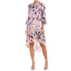 Eliza J Asymmetrical Hem Tiered Floral Dress Pink Size 14